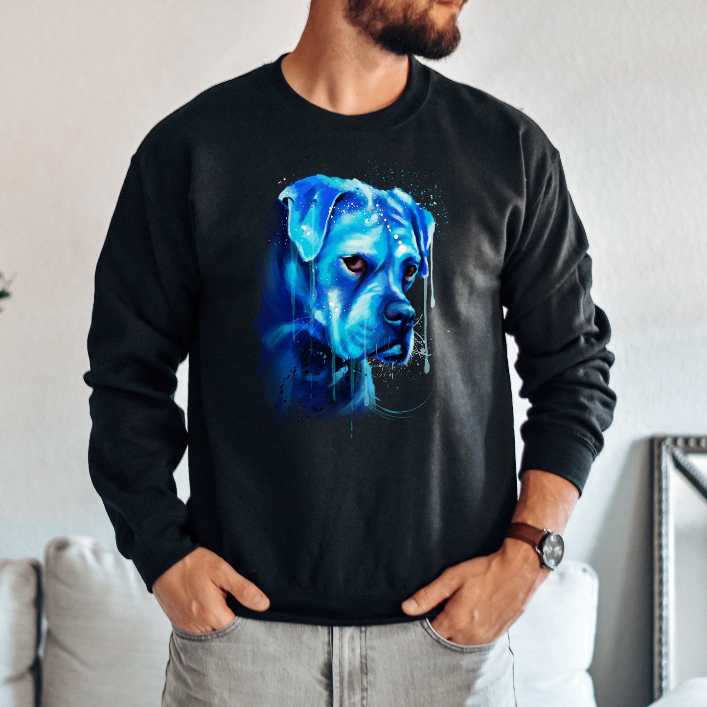 Neon blue Splash Art Pitbull dog Unisex Crewneck Sweatshirt-Family-Gift-Planet