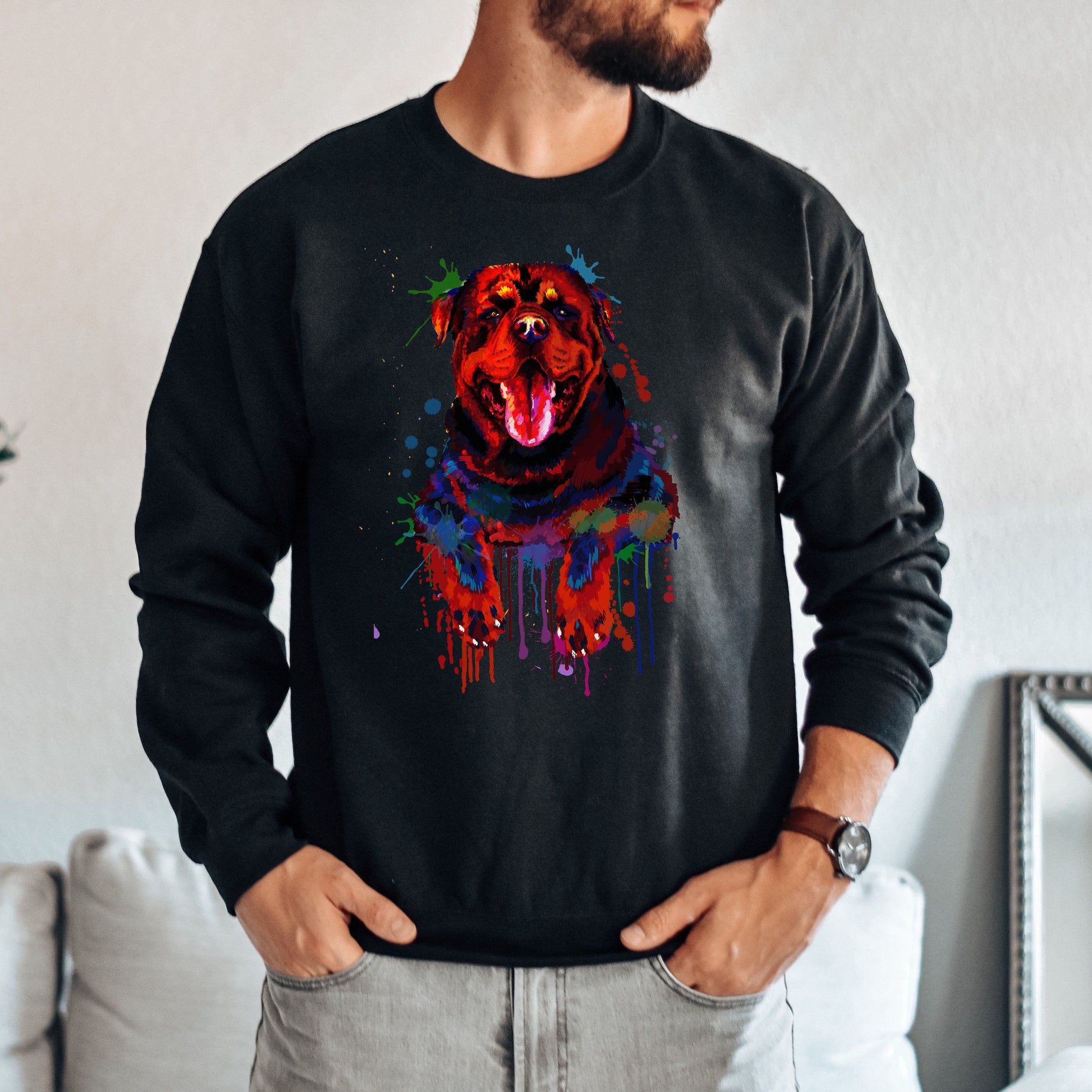 Abstract Rottweiler dog Unisex Crewneck Sweatshirt with expressive splashes-Family-Gift-Planet