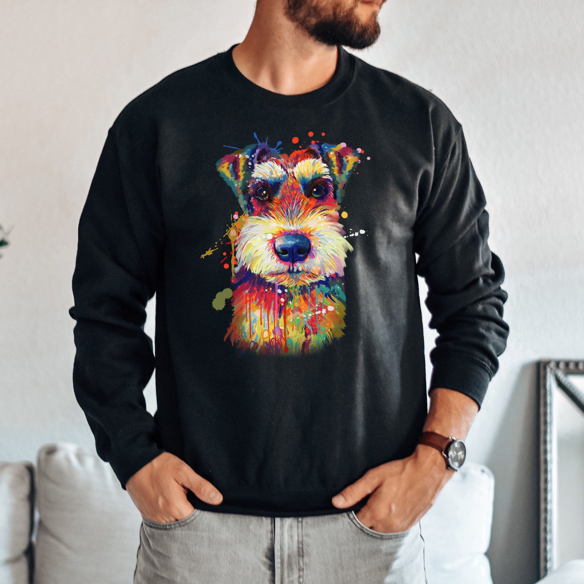 Abstract Schnauzer dog Unisex Crewneck Sweatshirt with expressive splashes-Family-Gift-Planet