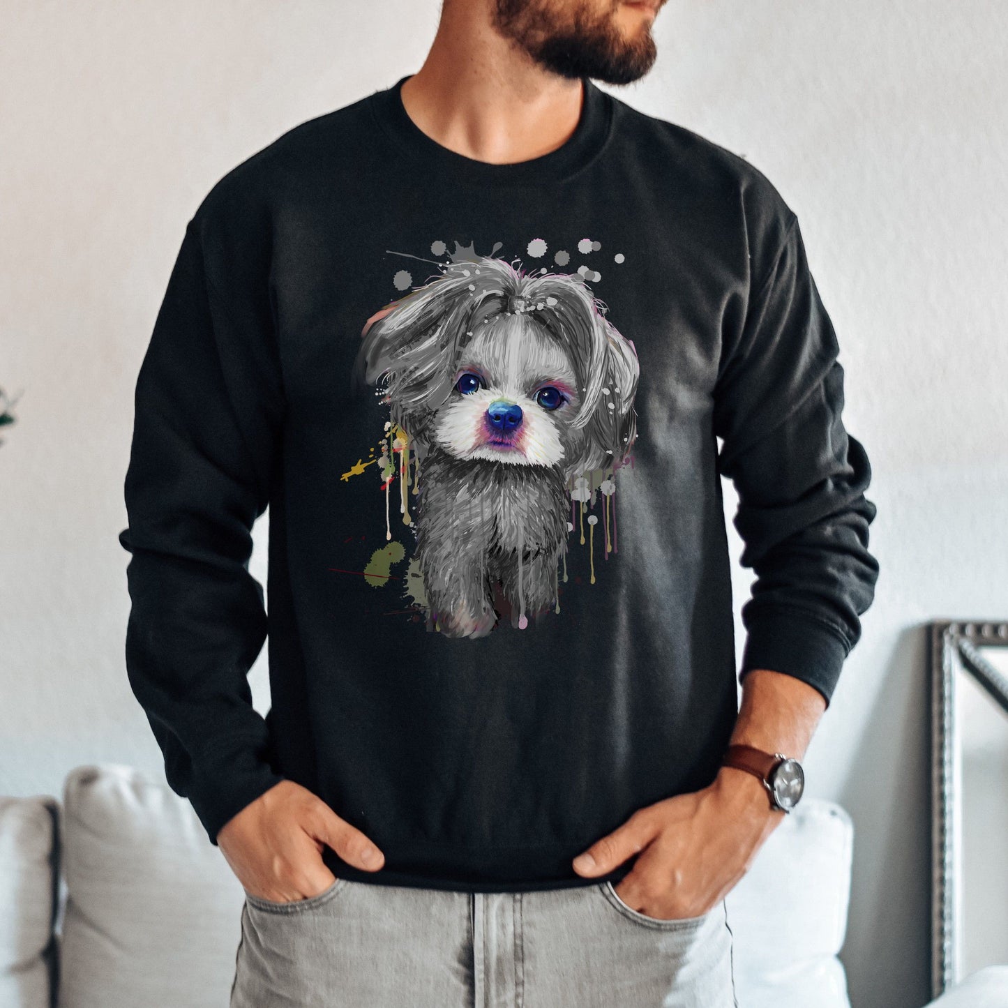 Abstract Shih Tzu dog Unisex Crewneck Sweatshirt with expressive splashes-Family-Gift-Planet