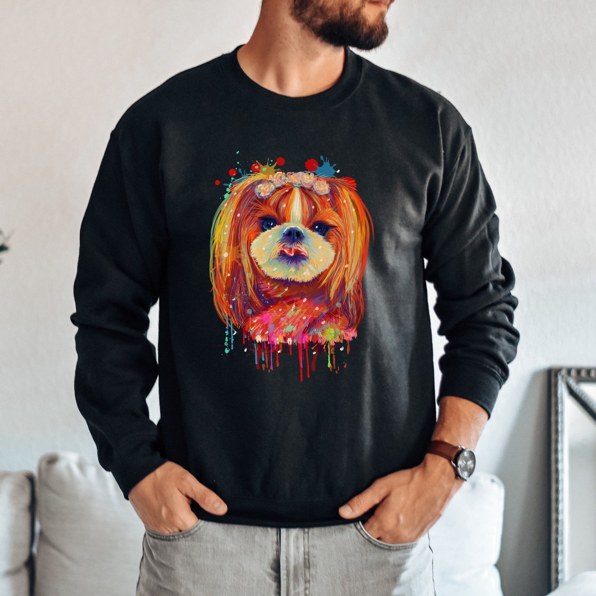 Cute Handdrawn Digital Art Shih Tzu dog Unisex Crewneck Sweatshirt-Family-Gift-Planet