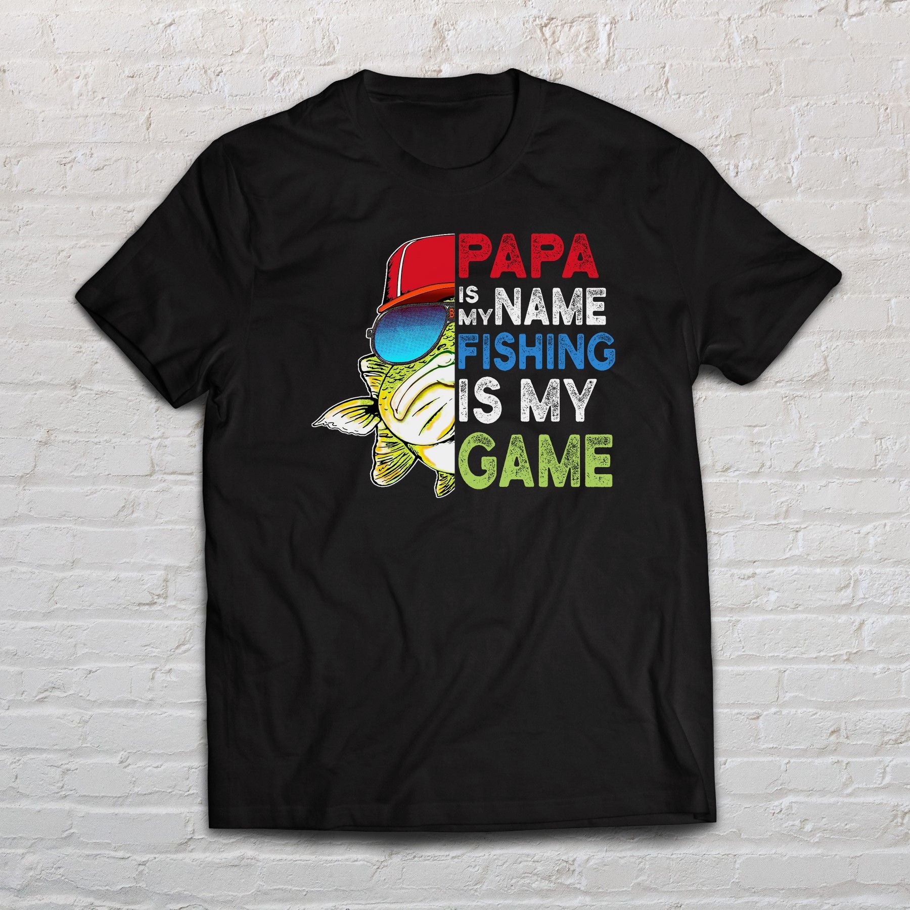 Papa is my name fishing is my game shirt gift for dad Black Navy Dark Heather-Black-Family-Gift-Planet
