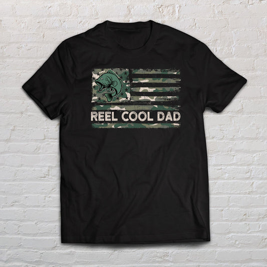 Reel Cool Dad Camouflage American Fishing Flag shirt Black Navy Dark Heather-Black-Family-Gift-Planet