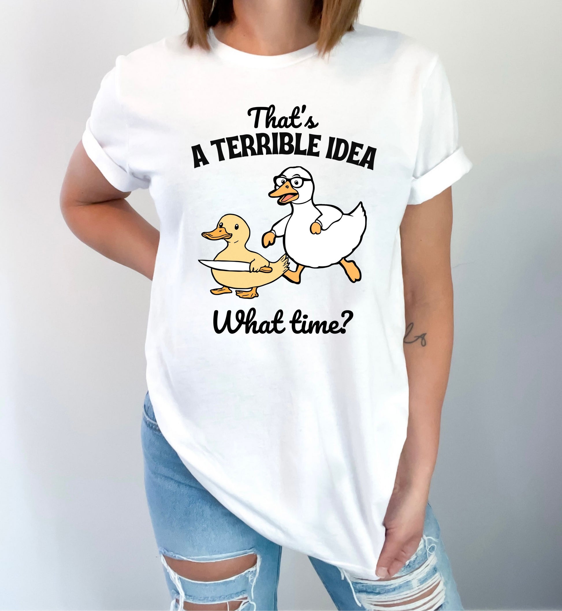 Funny Duck T-Shirt - 'That's a Terrible Idea, What Time?' Graphic Tee - Humor Gift for Men & Women-White-Family-Gift-Planet