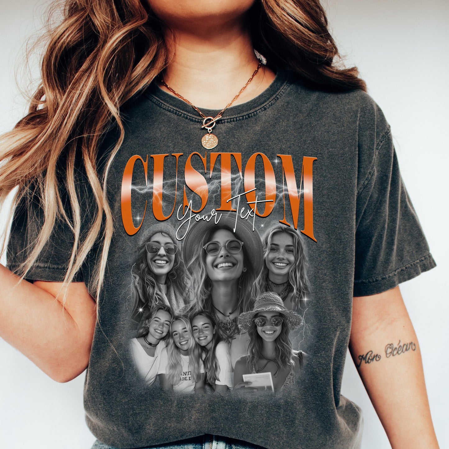 Custom photos Comfort Colors Unisex T-Shirt Personalized black and white bootleg rap tee gift for boyfriend gift for husband-Family-Gift-Planet