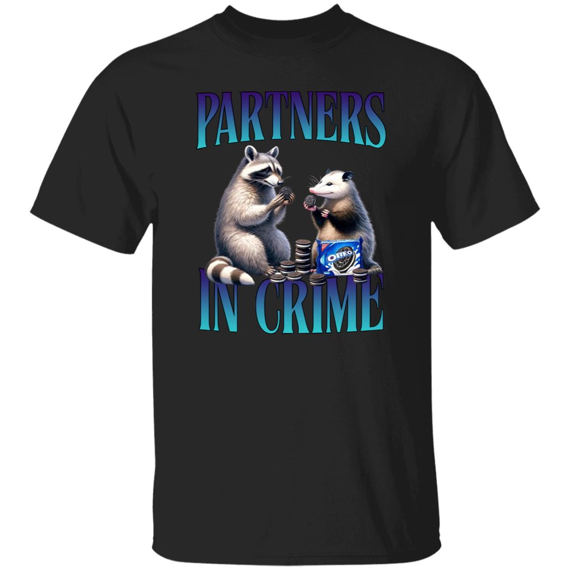 Partners in crime T-Shirt racoon and opossum eat cookies Retro Unisex tee Black Navy Dark Heather-Family-Gift-Planet