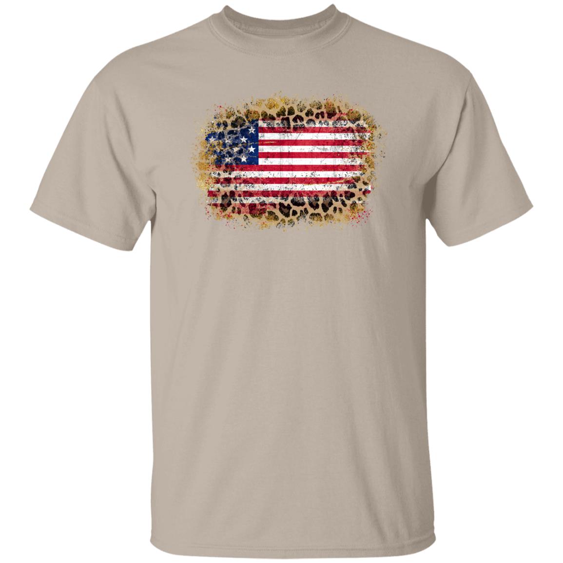 America leopard glitter flag T-Shirt Distressed stylish US flag Unisex tee White Sand Grey-Family-Gift-Planet