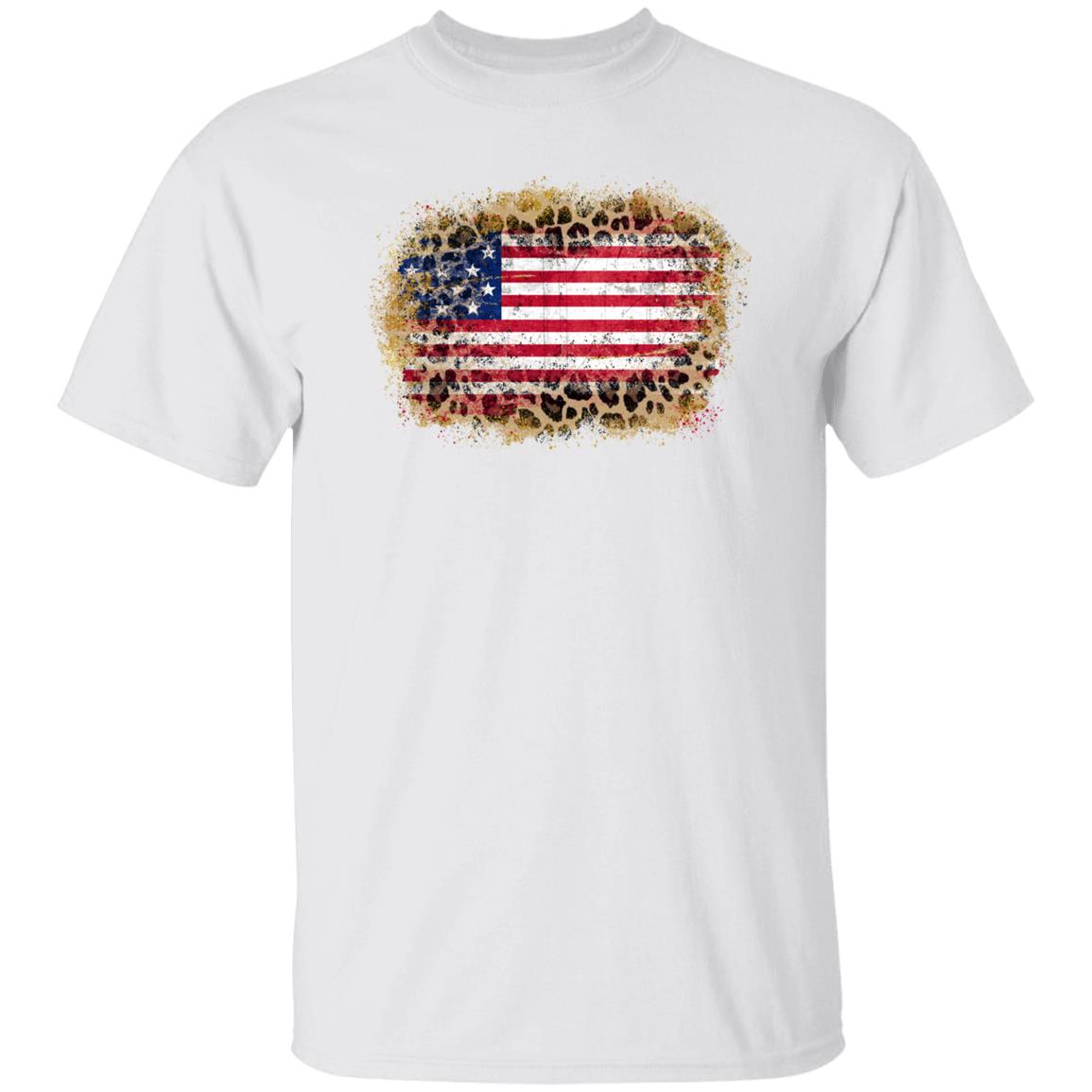 America leopard glitter flag T-Shirt Distressed stylish US flag Unisex tee White Sand Grey-Family-Gift-Planet