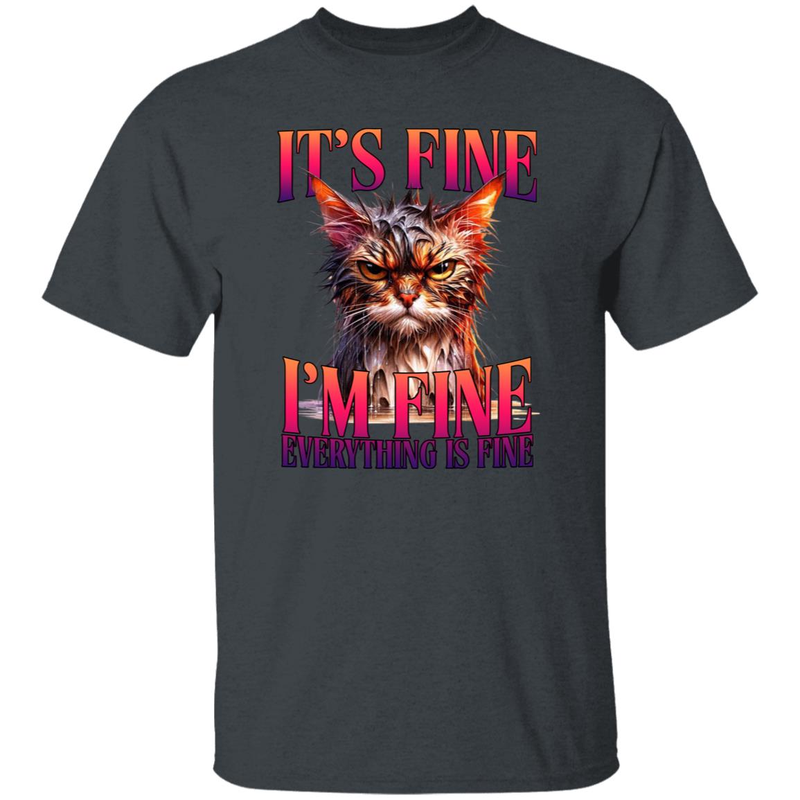 it's fine i'm fine everything is fine T-Shirt Cat sarcastic positive Unisex tee Black Navy Dark Heather-Family-Gift-Planet