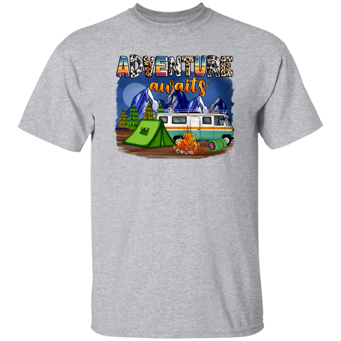 Adventure awaits T-Shirt Camping night tent and bus Unisex tee White Sand Grey-Family-Gift-Planet