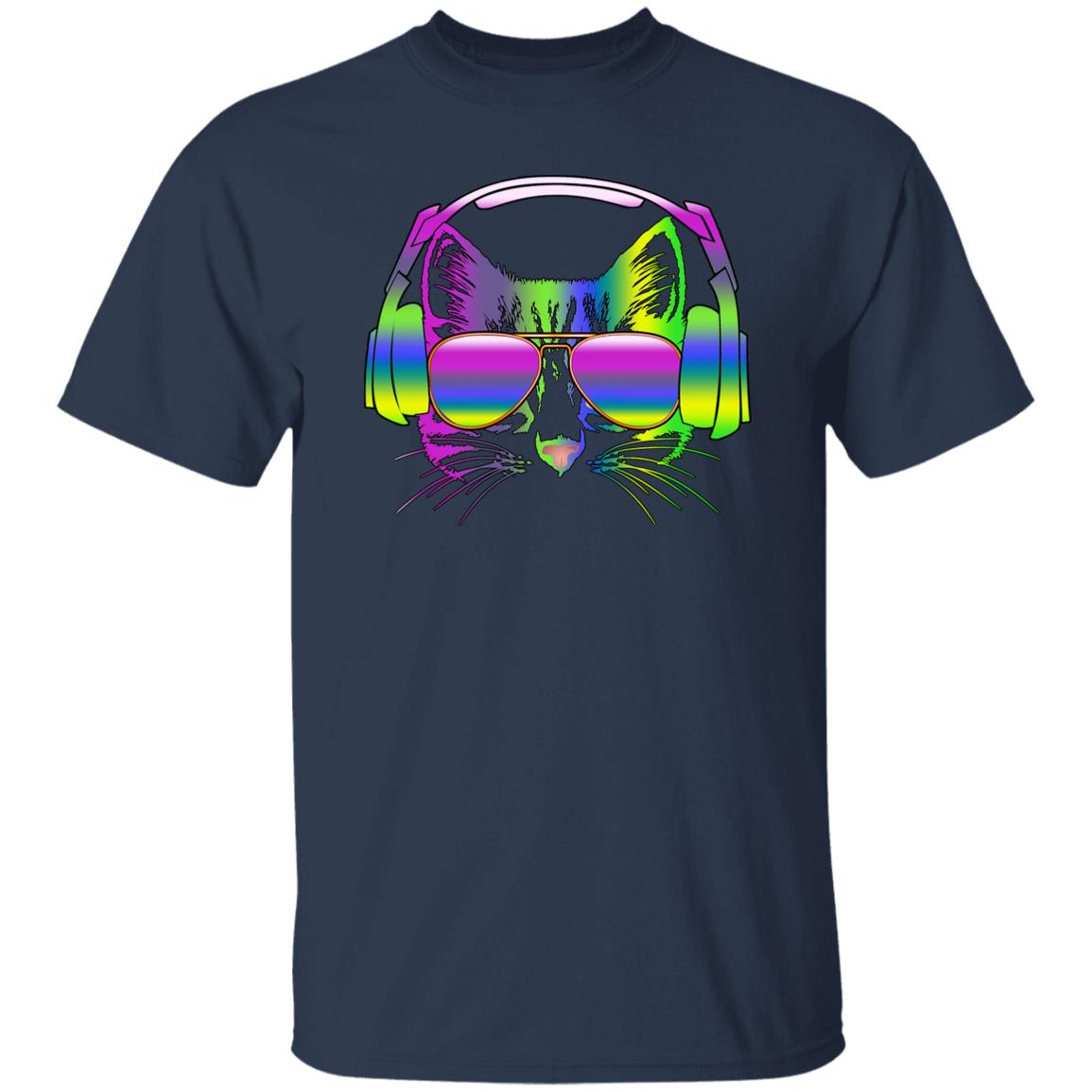 Cat headphone T-Shirt gift Neon Cat listen music cat mom Unisex Tee Black Navy Dark Heather-Family-Gift-Planet