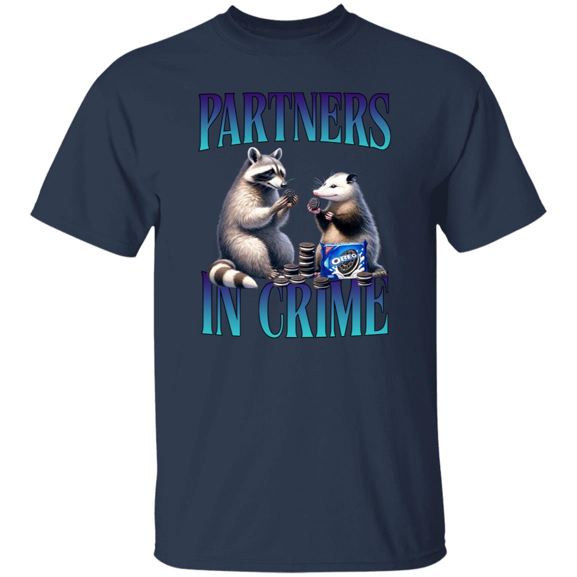 Partners in crime T-Shirt racoon and opossum eat cookies Retro Unisex tee Black Navy Dark Heather-Family-Gift-Planet