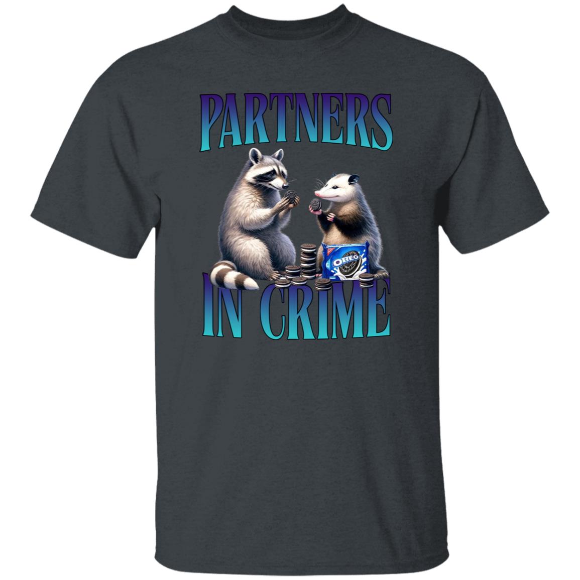 Partners in crime T-Shirt racoon and opossum eat cookies Retro Unisex tee Black Navy Dark Heather-Family-Gift-Planet