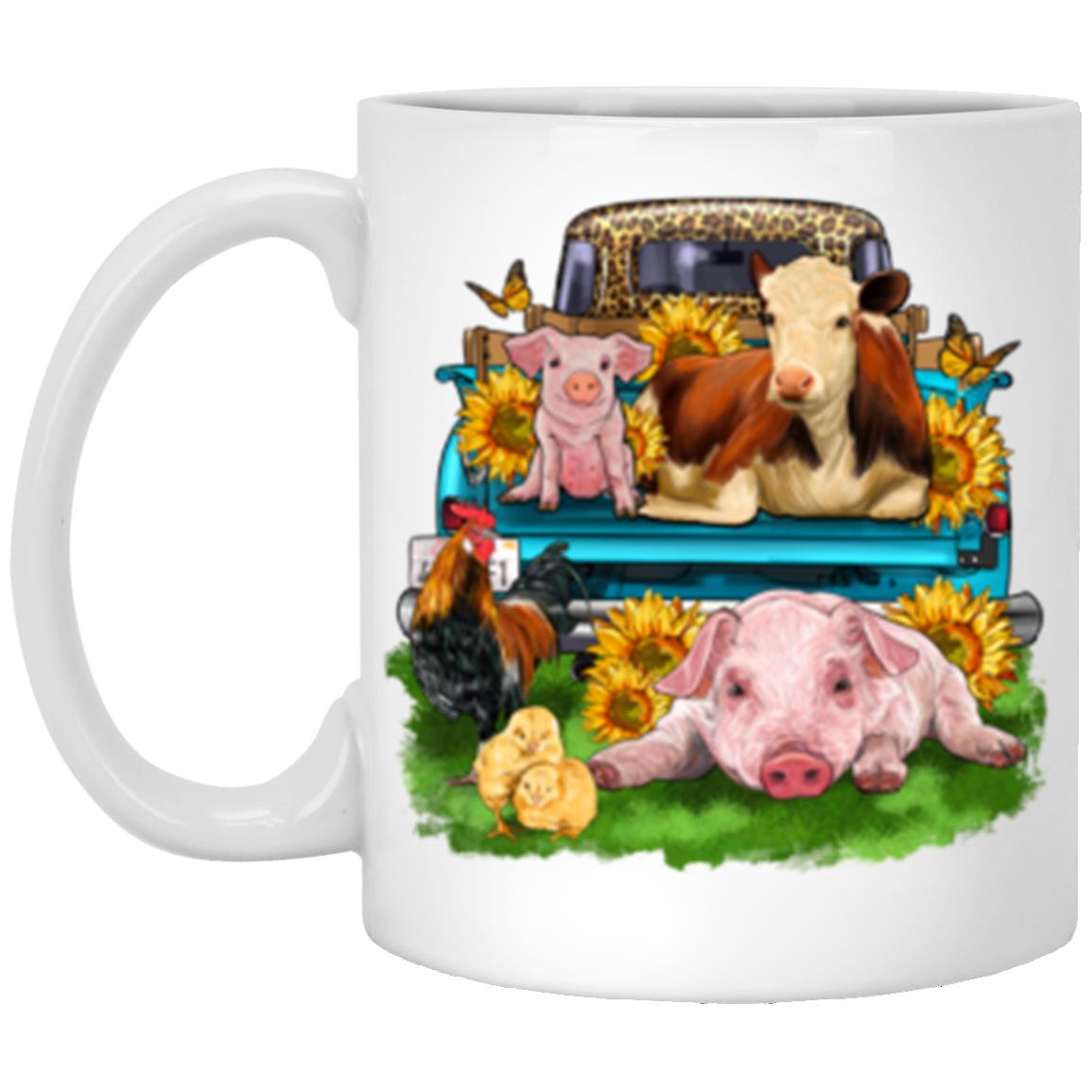 Farm truck animals 11oz White Mug gift old farmer track with pigs cow chick sunflowers cup-White-Family-Gift-Planet