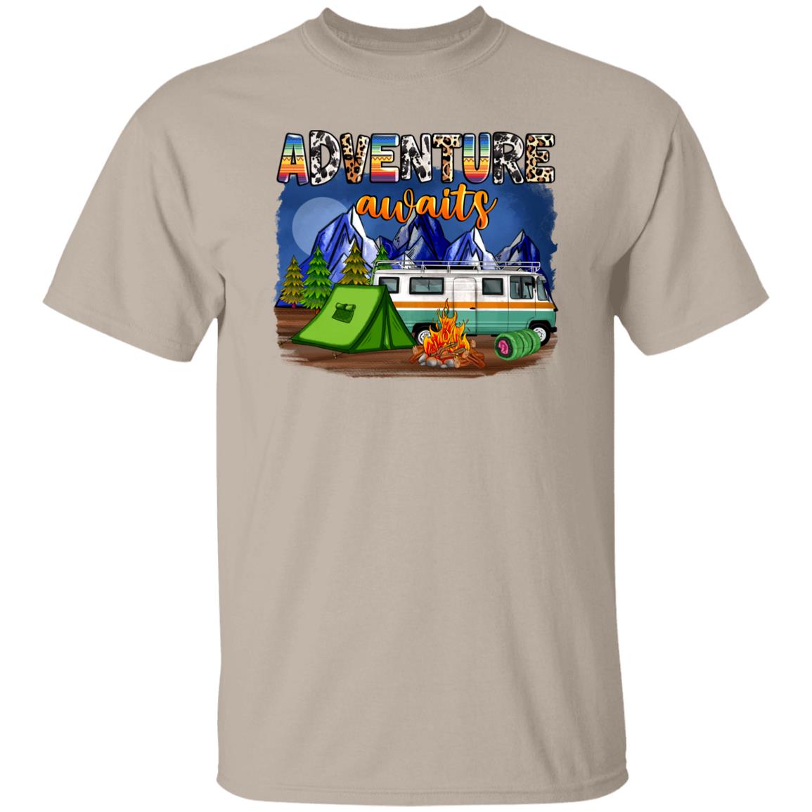 Adventure awaits T-Shirt Camping night tent and bus Unisex tee White Sand Grey-Family-Gift-Planet