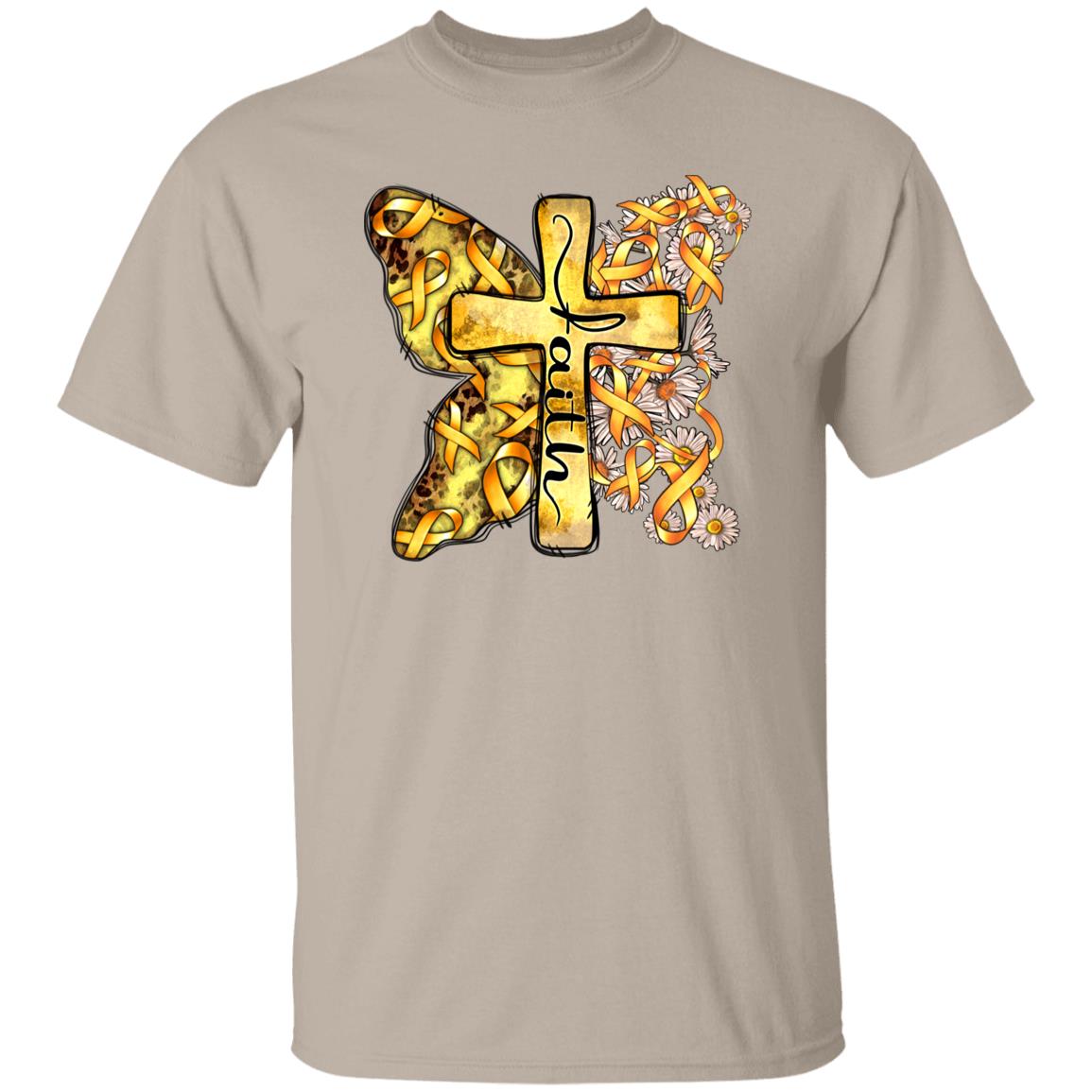 Faith child cancer cross T-Shirt gift gold ribbon child cancer awareness cross Tee Sand White Sport Grey-Family-Gift-Planet