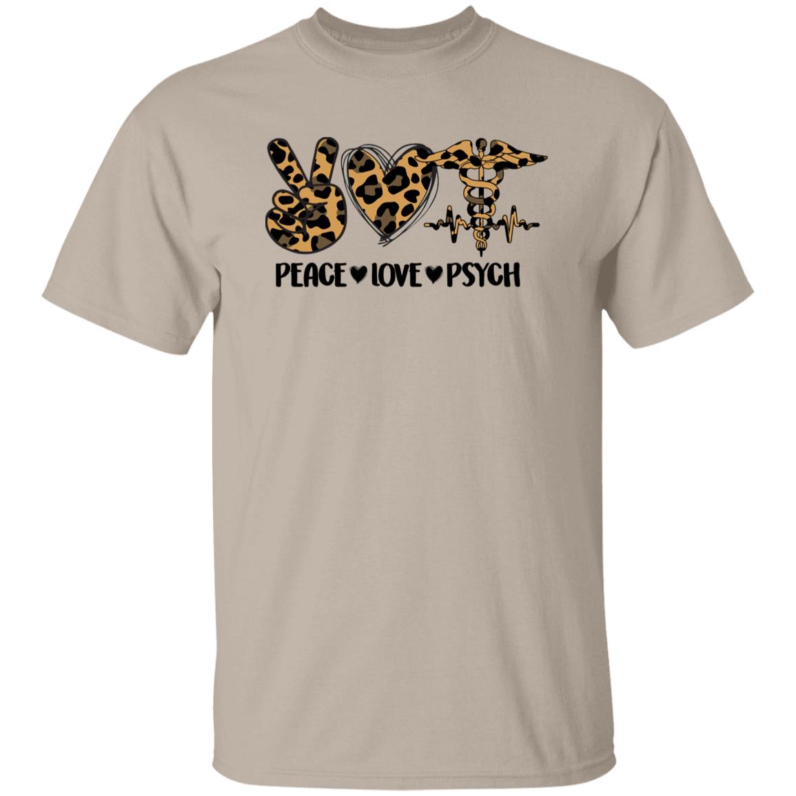 Peace Love Psych T-Shirt Leopard skin Mental Health nurse psychologist Unisex Tee Sand White Sport Grey-Family-Gift-Planet