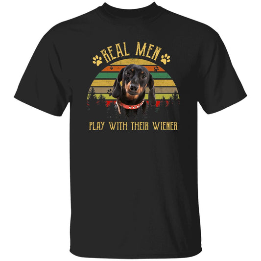 Real Men Play With Their Wiener T-Shirt gift Retro Wiener Dog owner Unisex tee Black Navy Dark Heather-Black-Family-Gift-Planet