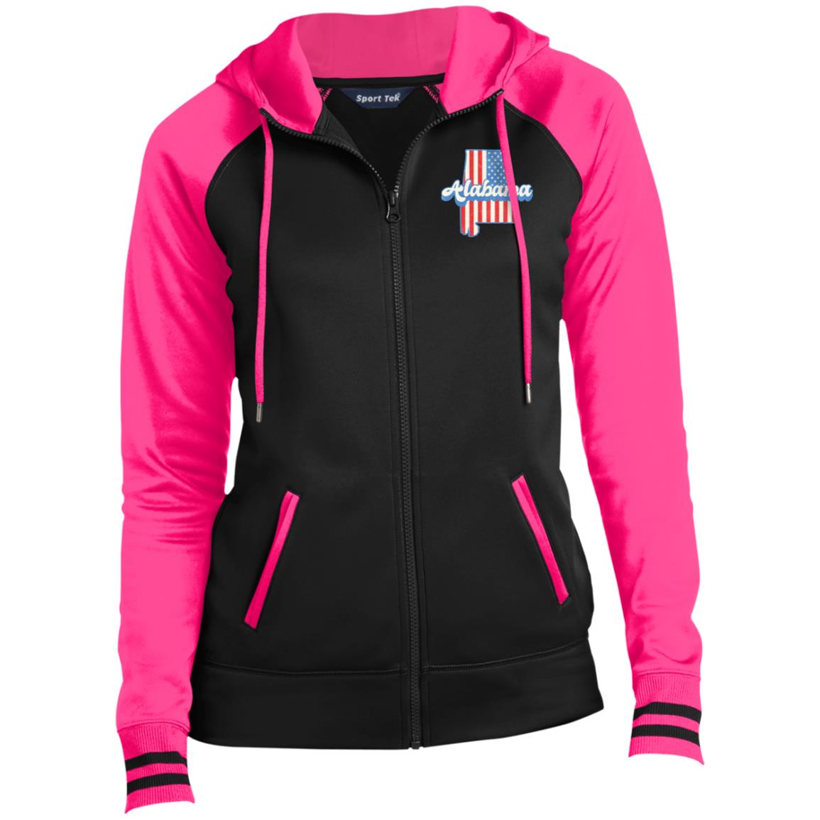 Alabama US flag Women Full-Zip Hooded Jacket pocket Alabama hoodie gift-Black/Neon Pink-Family-Gift-Planet
