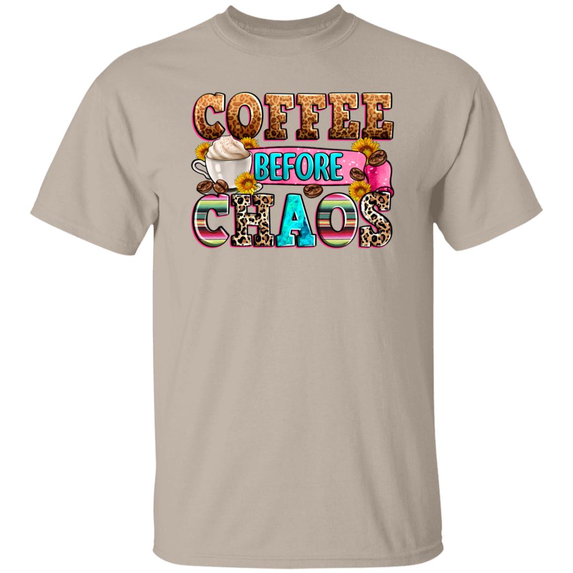 Coffee before chaos T-Shirt Hustle Mom of three Morning coffee Unisex tee White Sand Sport Grey-Family-Gift-Planet