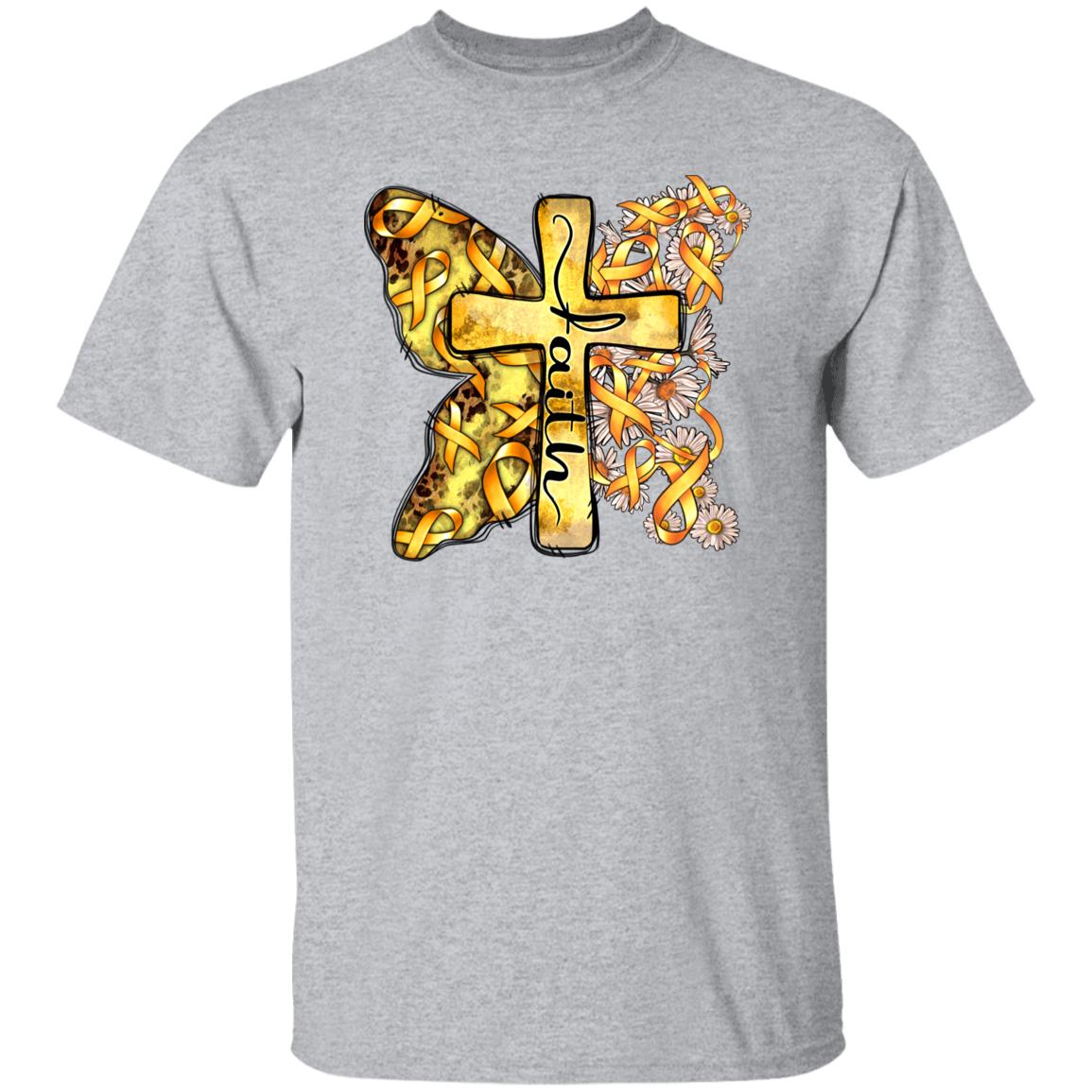 Faith child cancer cross T-Shirt gift gold ribbon child cancer awareness cross Tee Sand White Sport Grey-Family-Gift-Planet