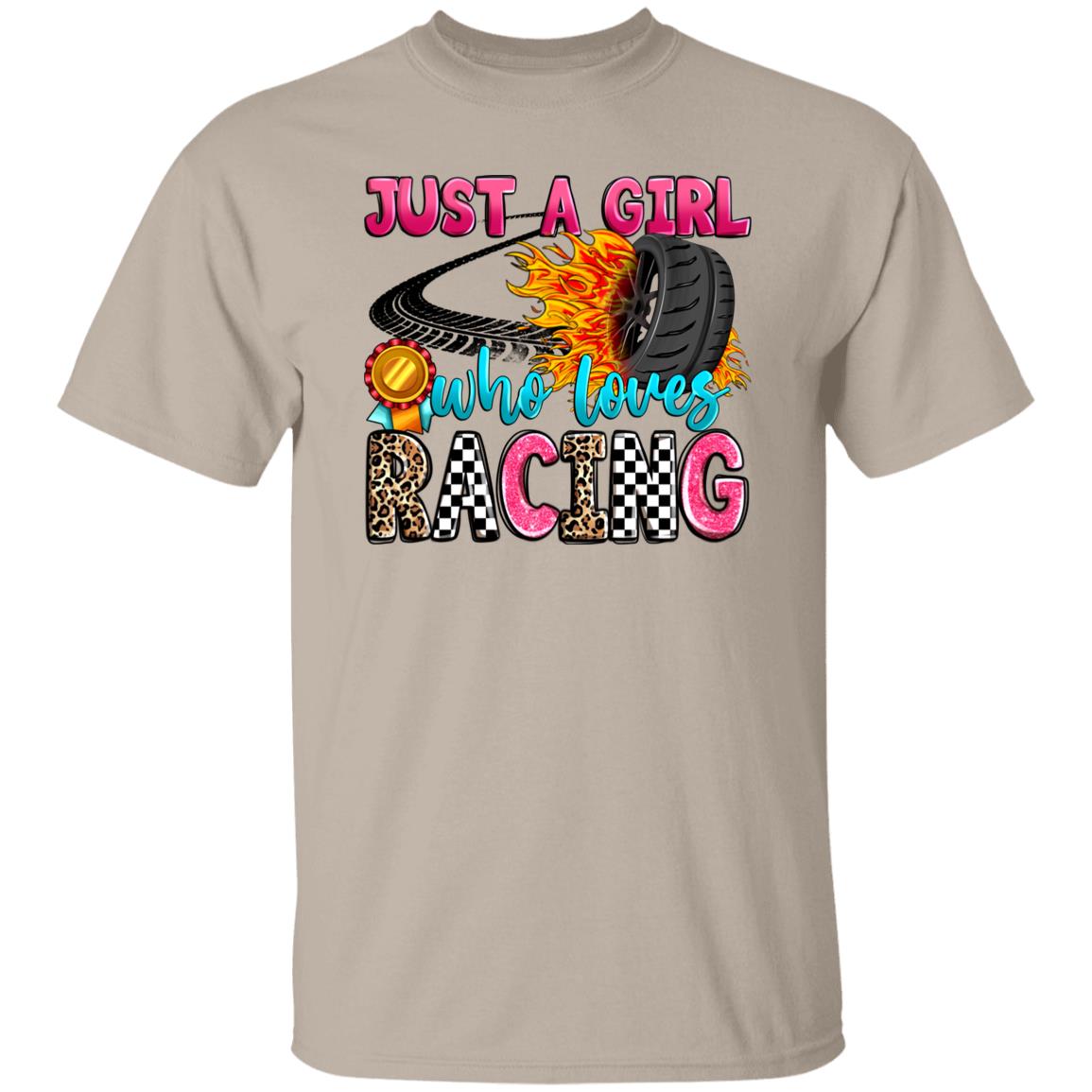 Just a girl who loves racing T-Shirt gift Racer Racing girl race day Unisex tee Sand White Sport Grey-Family-Gift-Planet