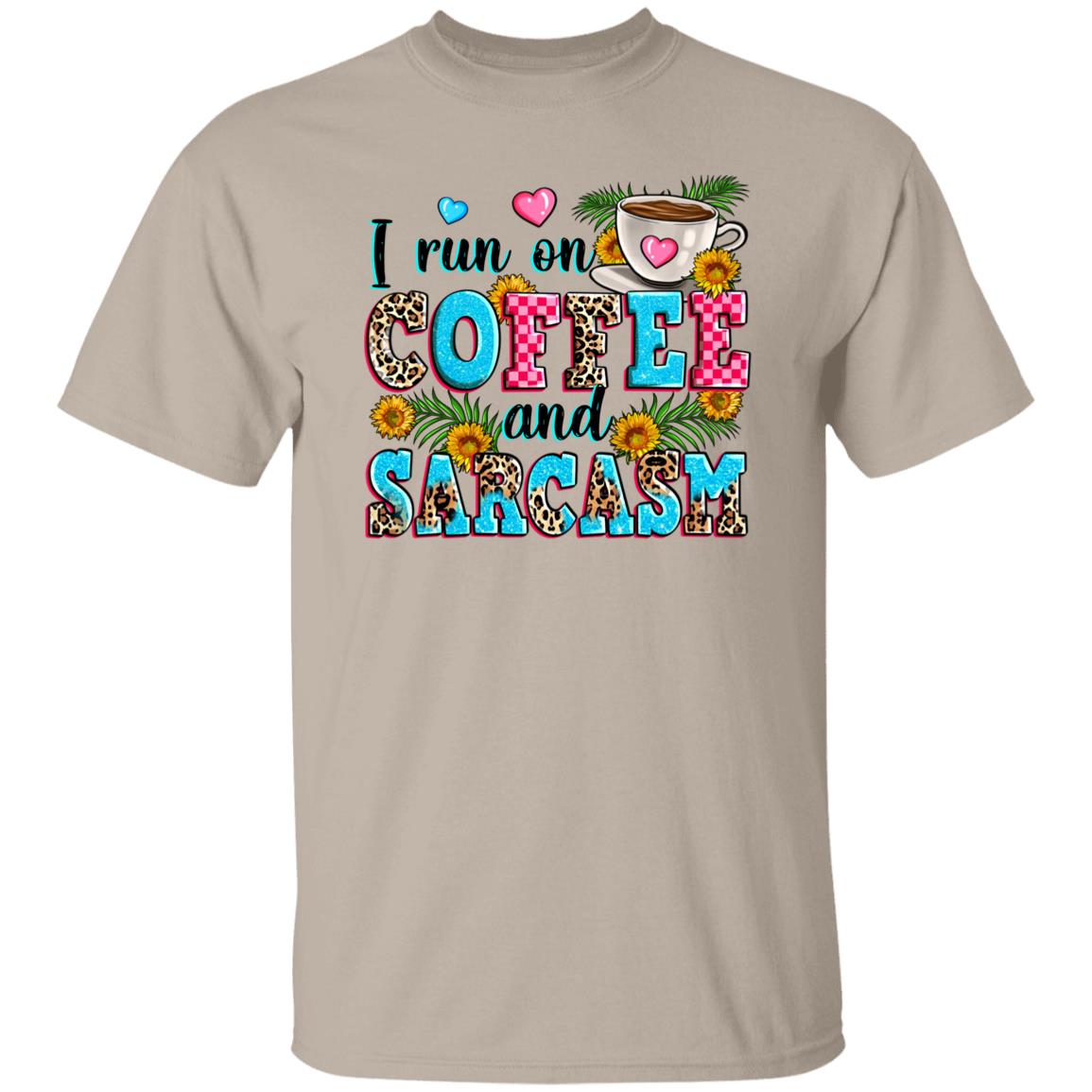 I run on coffee and sarcasm T-Shirt sarcastic coffee hearts flowers Unisex Tee Sand White Sport Grey-Family-Gift-Planet