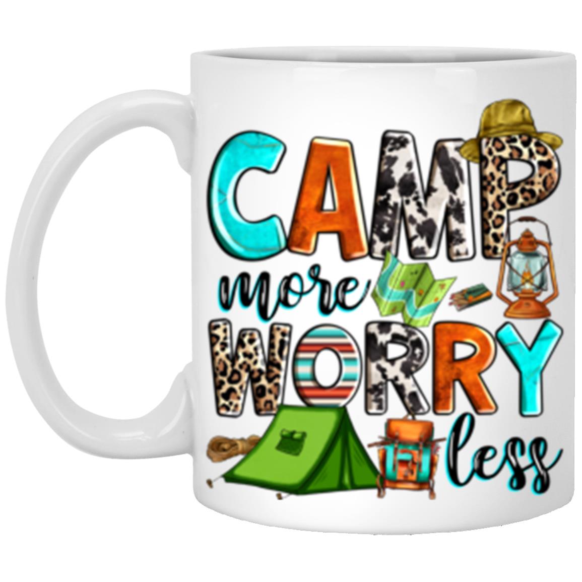 Camp more worry less 11oz White Mug gift Summer camping adventure coffee cup-White-Family-Gift-Planet