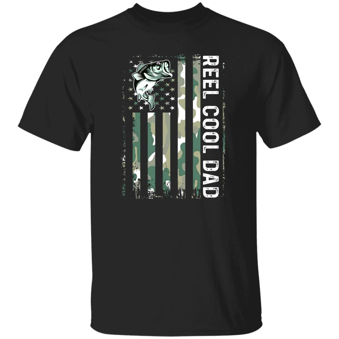 Reel Cool Dad shirt Camouflage US flag tee Black Navy Dark Heather-Family-Gift-Planet