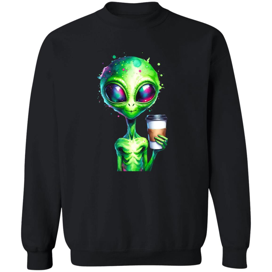 Green alien with tall coffee Color Splash Unisex Sweatshirt Black Navy Dark Heather-Family-Gift-Planet