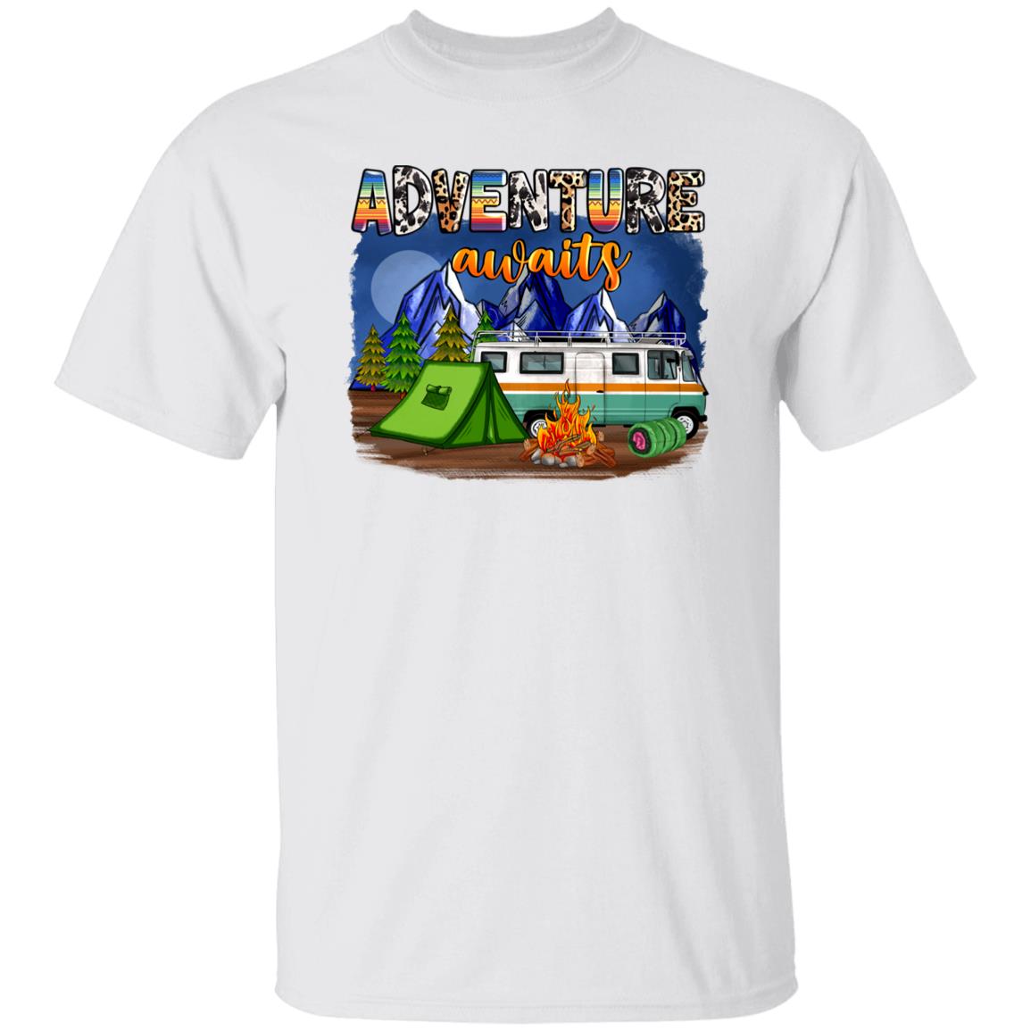 Adventure awaits T-Shirt Camping night tent and bus Unisex tee White Sand Grey-Family-Gift-Planet