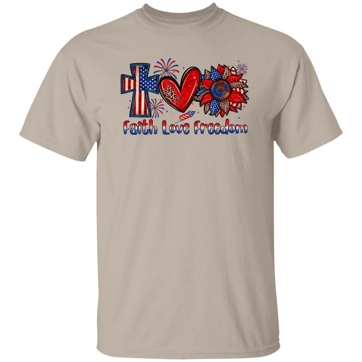 Faith love freedom T-Shirt gift America July 4th Cross Heart Sunflower Tee Sand White Sport Grey-Family-Gift-Planet