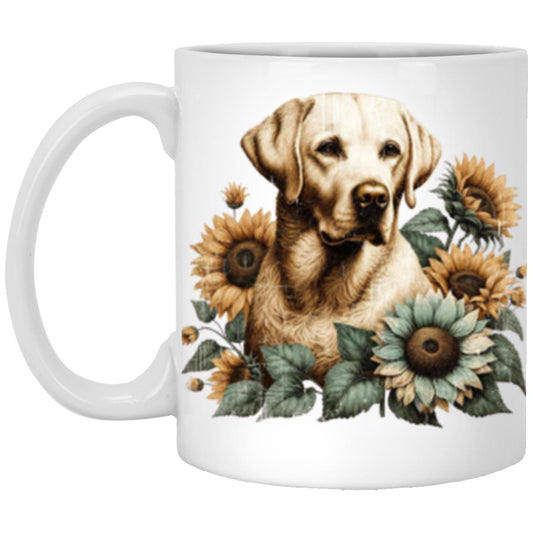 Labrador Retriever sitting in Sunflowers 11oz White Mug Vintage style dog lover cup-White-Family-Gift-Planet