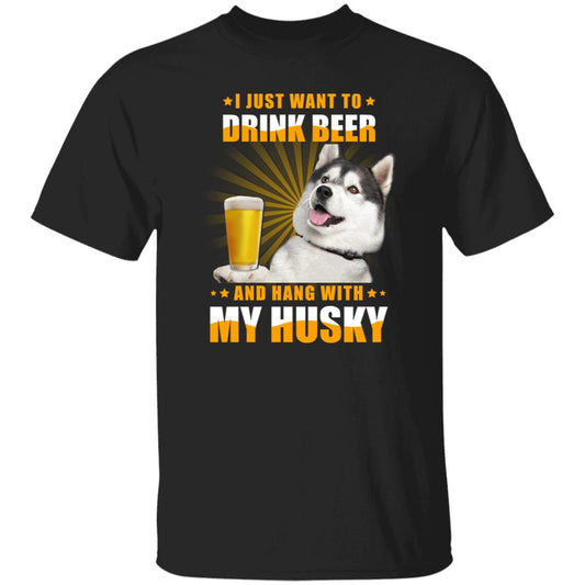 Husky owner T-Shirt gift I just want to drink beer Dog mom Unisex tee Black Navy Dark Heather-Black-Family-Gift-Planet