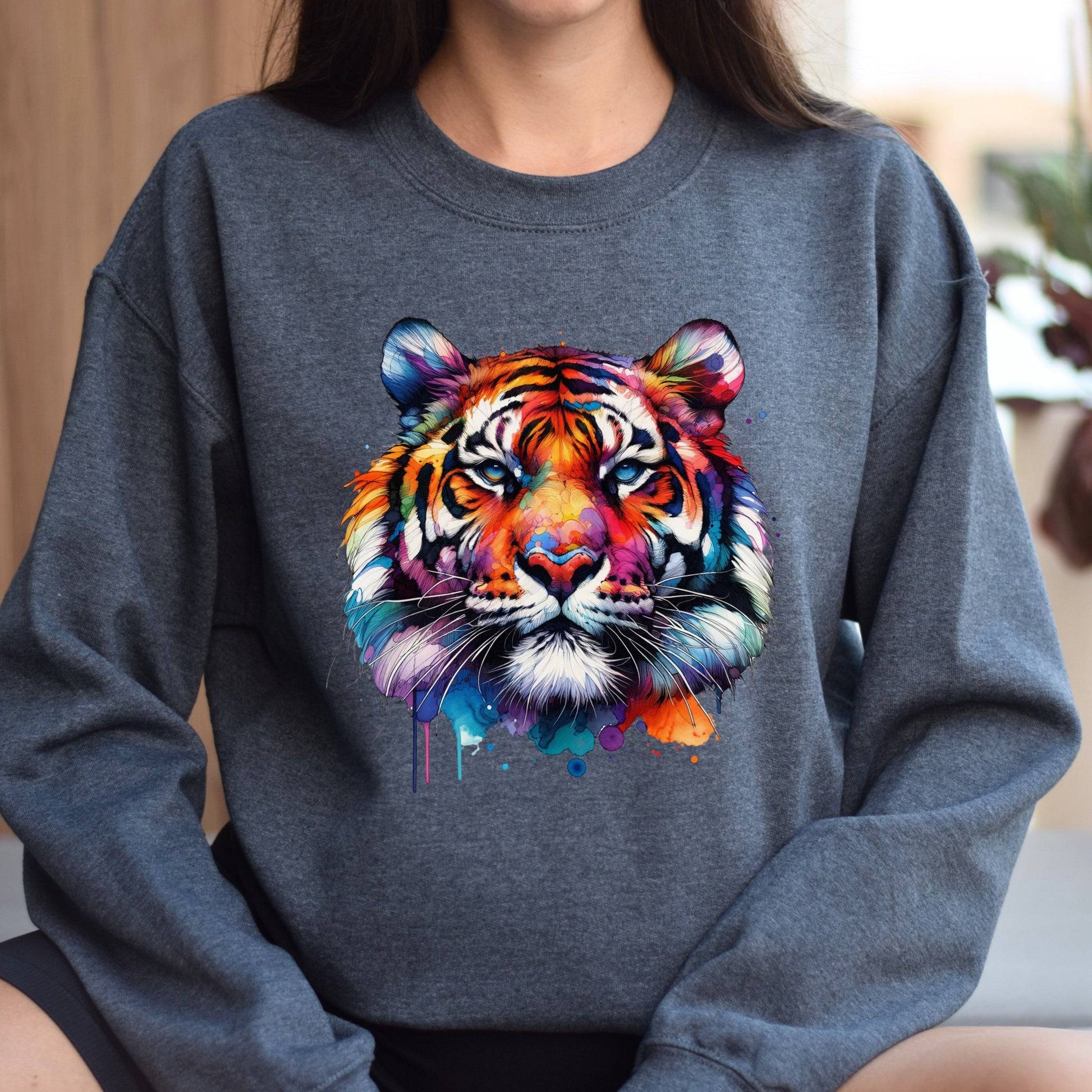 Bright colorful majestic tiger Color Splash Unisex Sweatshirt Black Navy Dark Heather-Dark Heather-Family-Gift-Planet