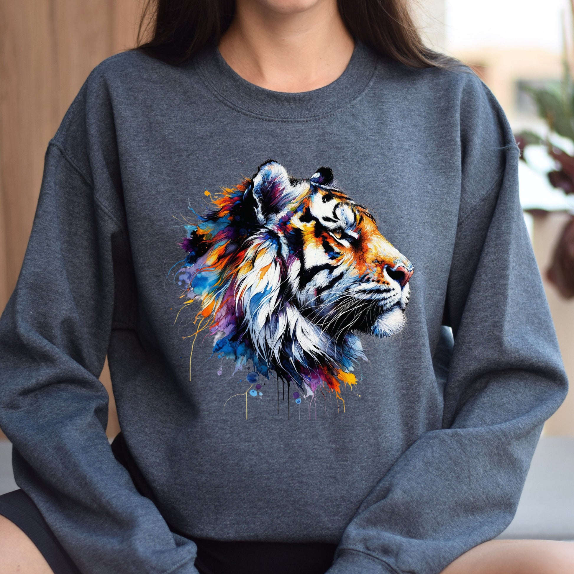 Handdrawn Trendy Tiger Color Splash Unisex Sweatshirt Black Navy Dark Heather-Dark Heather-Family-Gift-Planet