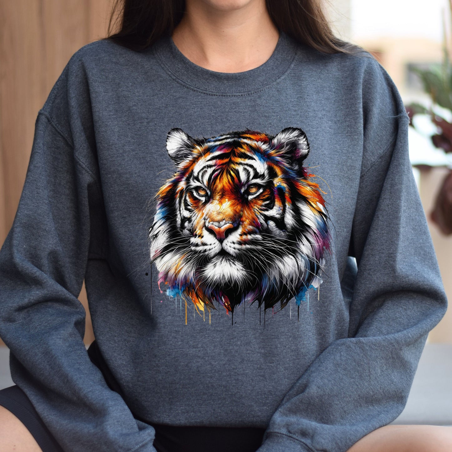 Vibrant Tiger Unisex Sweatshirt Animal lover crewneck Black Navy Dark Heather-Dark Heather-Family-Gift-Planet