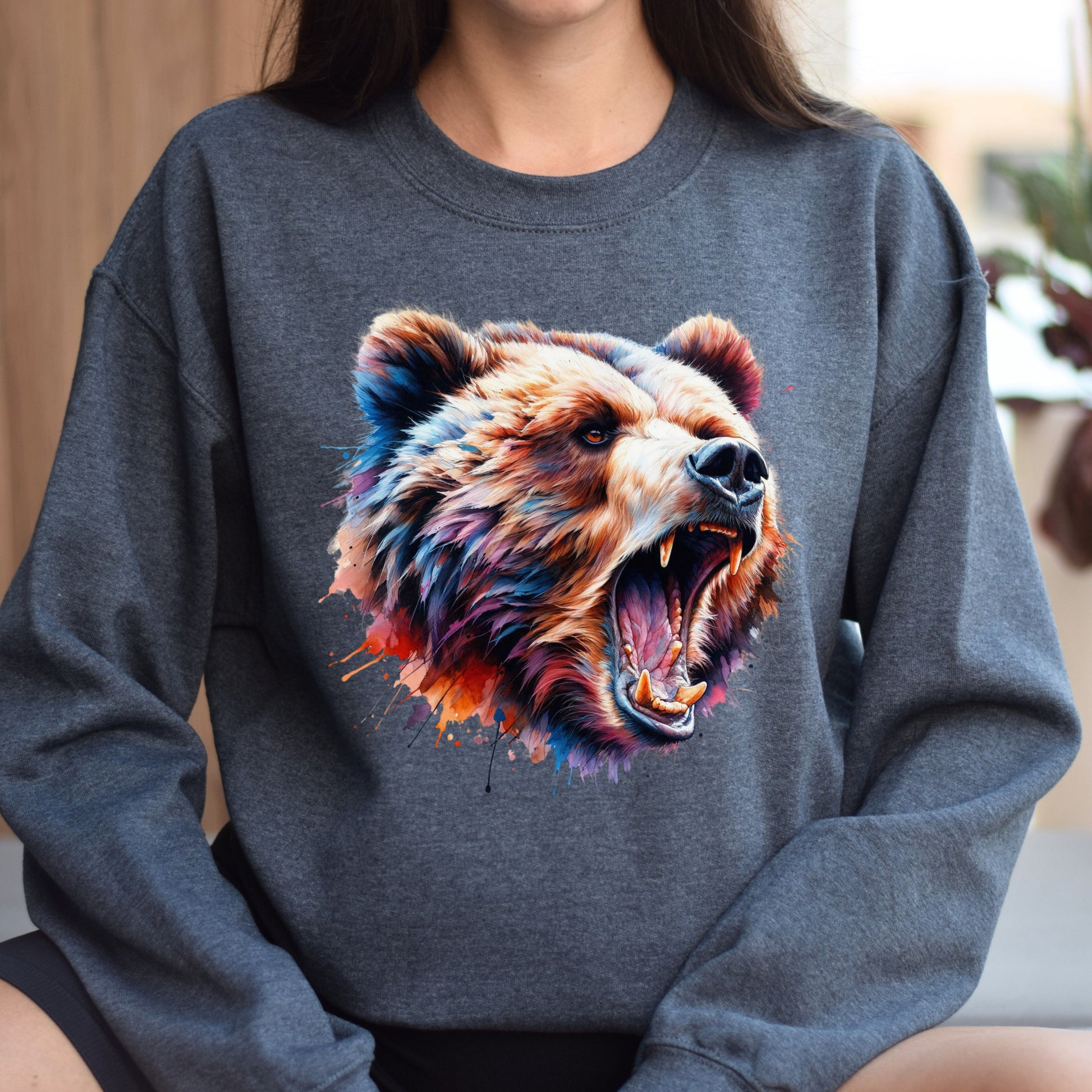 Growling Bear Color Splash Unisex Sweatshirt Black Navy Dark Heather-Dark Heather-Family-Gift-Planet