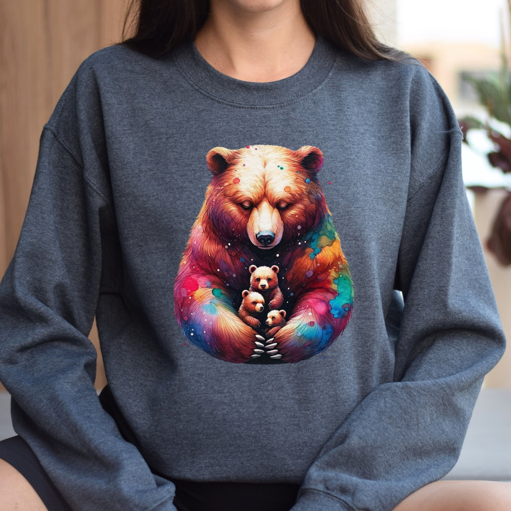 Mama Bear Mom of three Color Splash Unisex Sweatshirt Black Navy Dark Heather-Dark Heather-Family-Gift-Planet