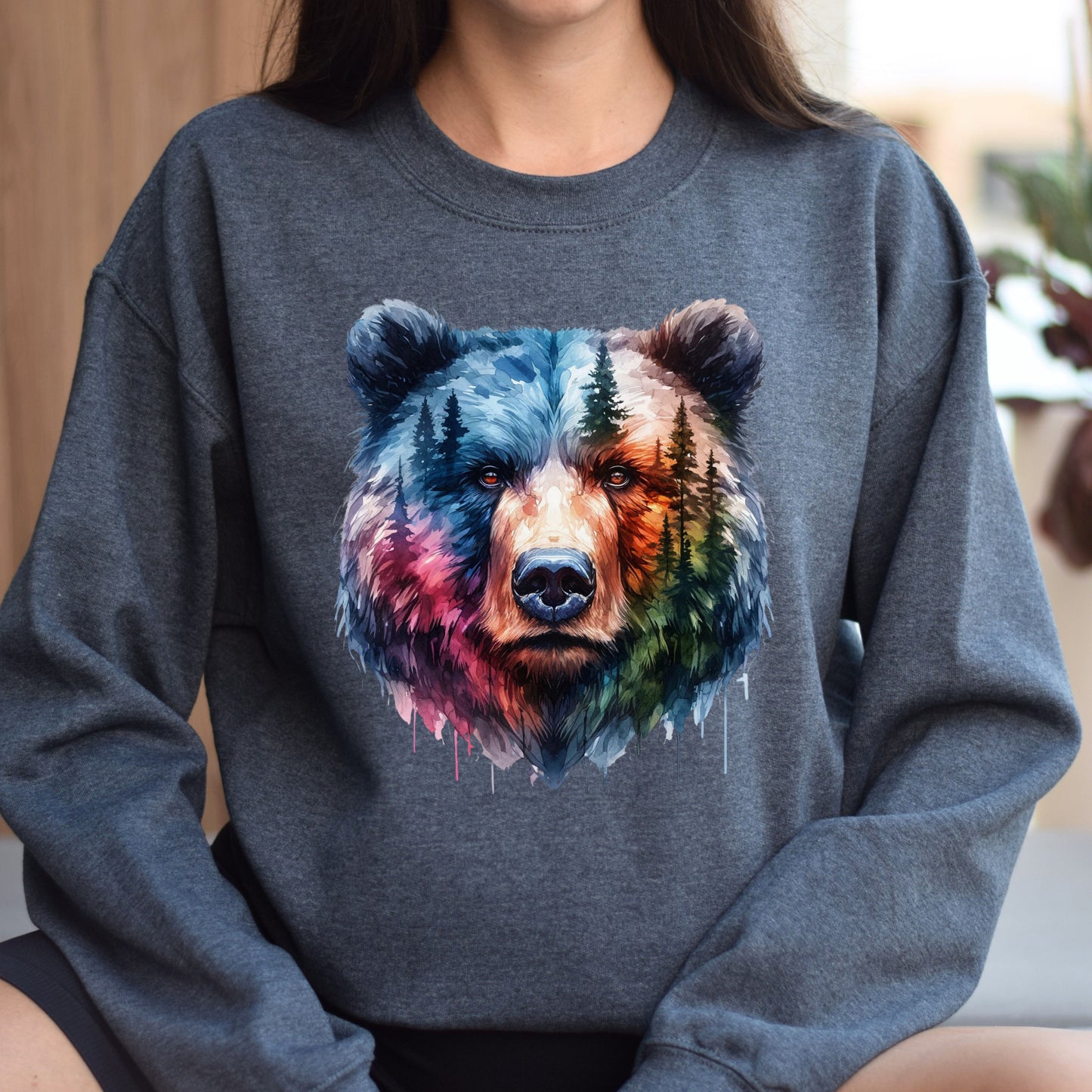 Grizzly and Forest Watercolor Unisex Sweatshirt Black Navy Dark Heather-Dark Heather-Family-Gift-Planet