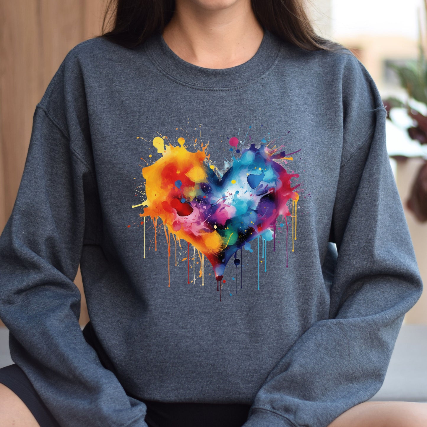 Artistic Heart Color Splash Unisex Sweatshirt Black Navy Dark Heather-Dark Heather-Family-Gift-Planet