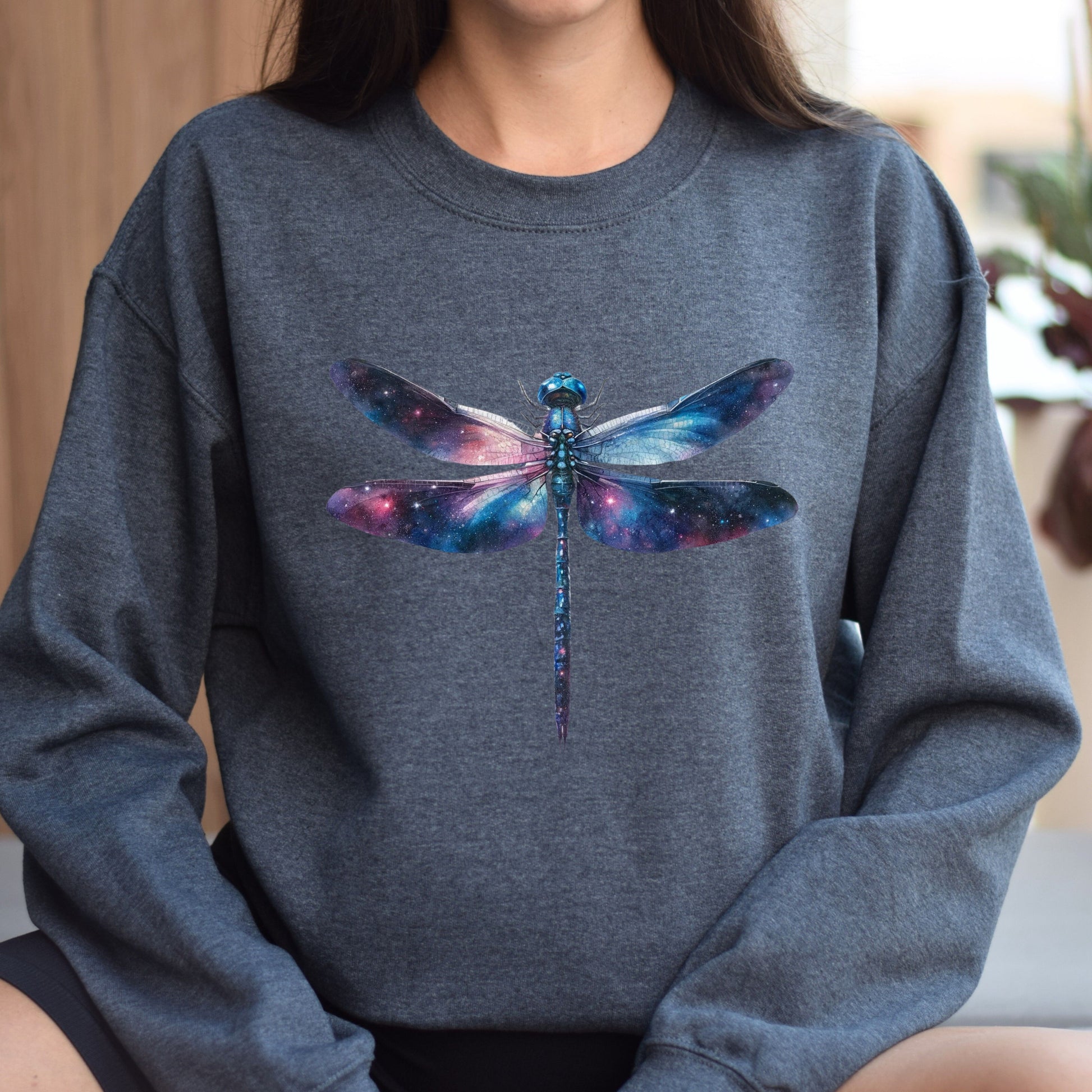 Cosmos Dragonfly Color Splash Unisex Sweatshirt Black Navy Dark Heather-Dark Heather-Family-Gift-Planet