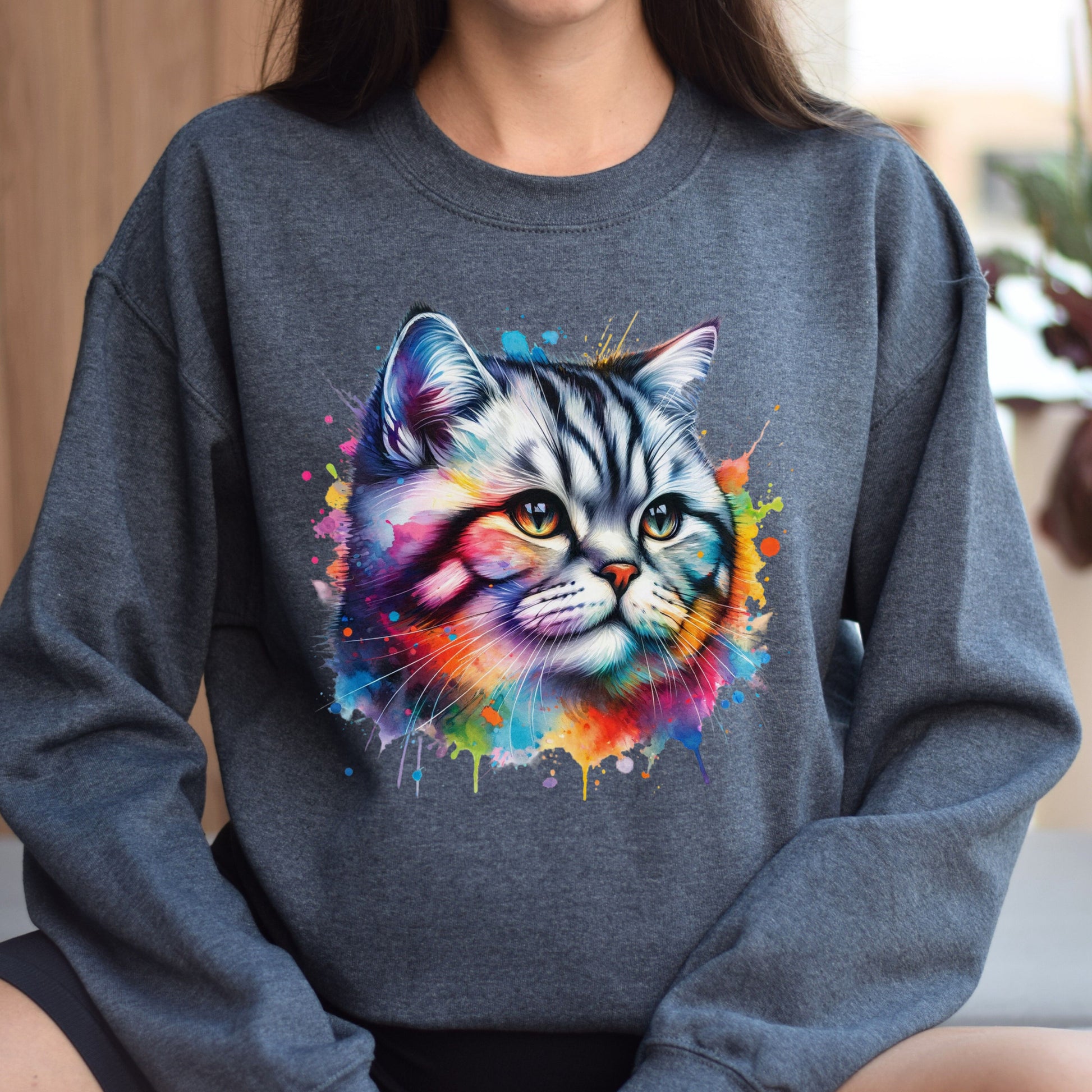 American Shorthair Cat Color Splash Unisex Sweatshirt Black Navy Dark Heather-Dark Heather-Family-Gift-Planet