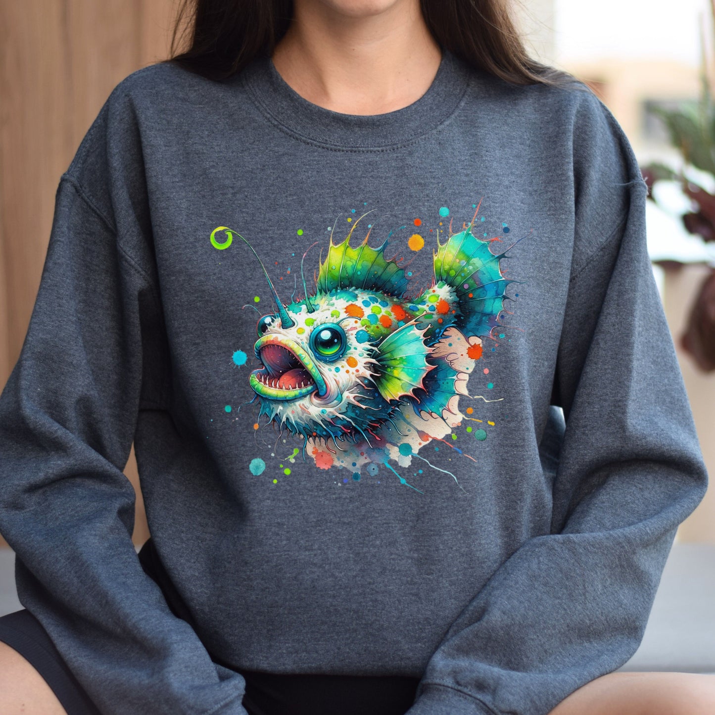 Artistic Anglerfish deep fish Color Splash Unisex Sweatshirt Black Navy Dark Heather-Family-Gift-Planet