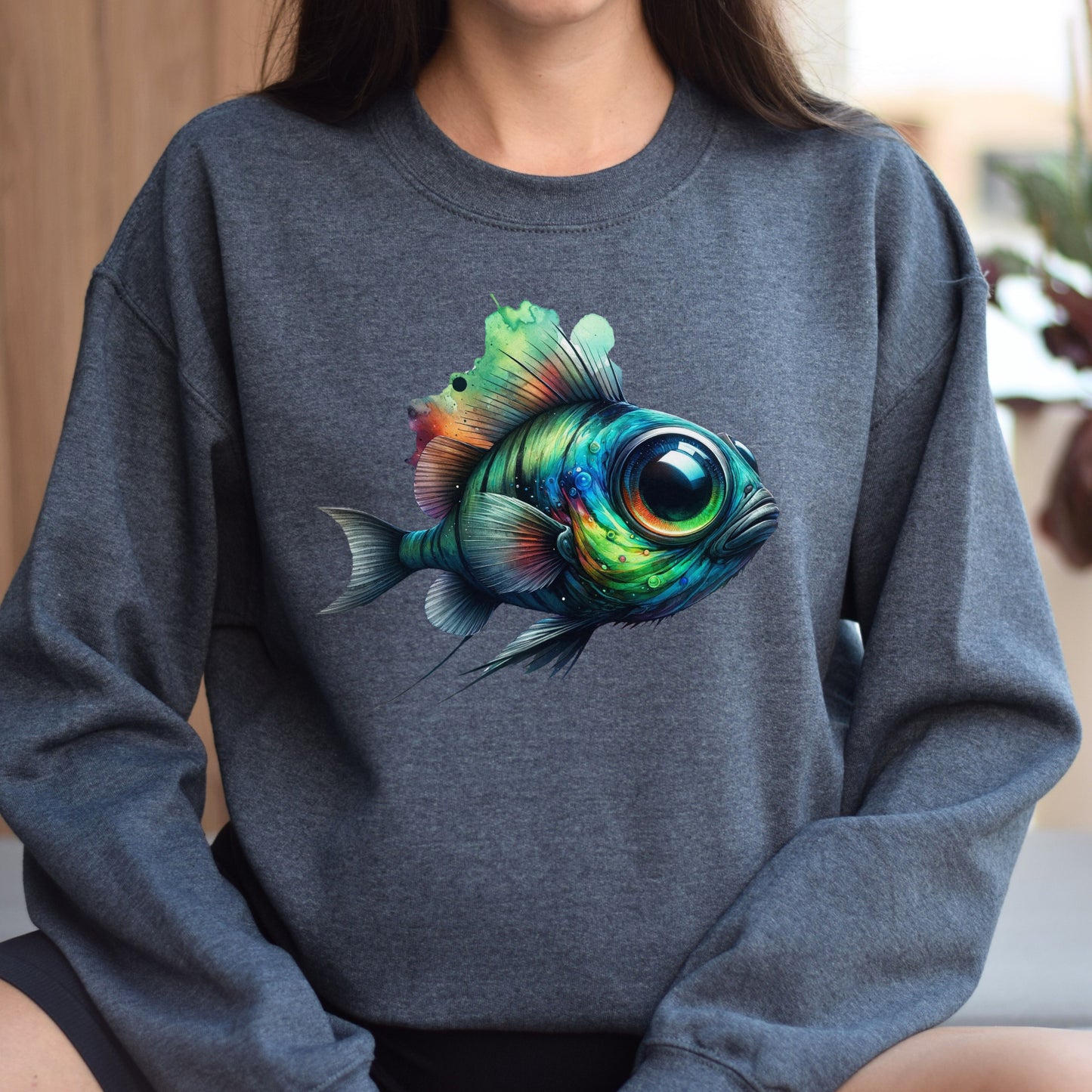 Barreleye Fish spook fish Color Splash Unisex Sweatshirt Black Navy Dark Heather-Dark Heather-Family-Gift-Planet