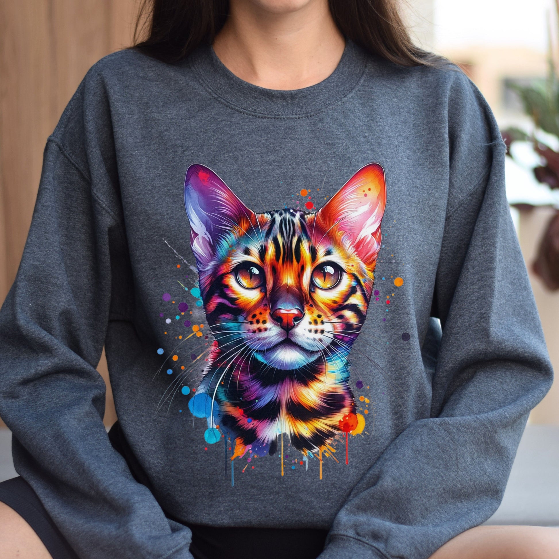 Bengal Cat Color Splash Unisex Sweatshirt Black Navy Dark Heather-Dark Heather-Family-Gift-Planet