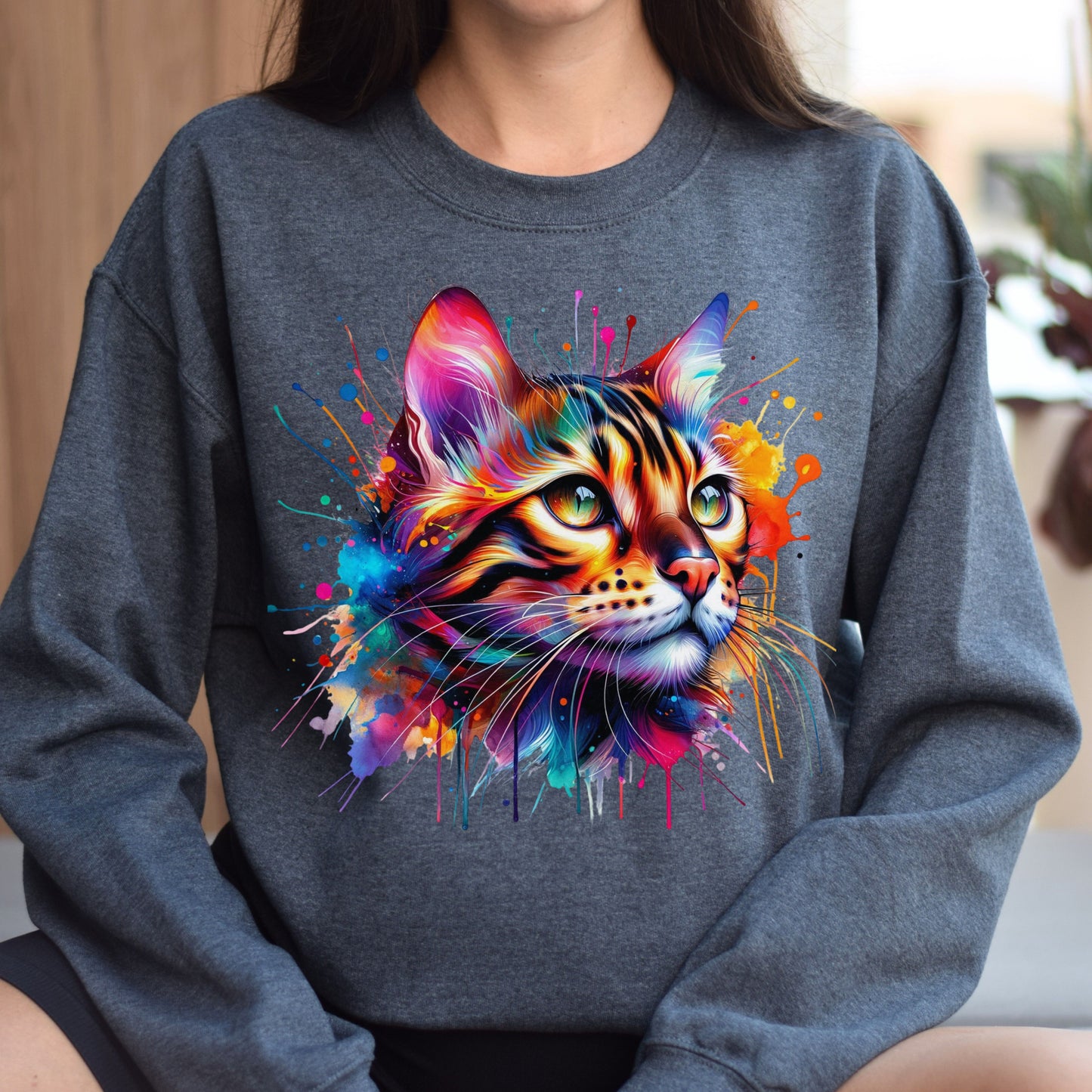 Bengal Cat mama Color Splash Unisex Sweatshirt Black Navy Dark Heather-Dark Heather-Family-Gift-Planet
