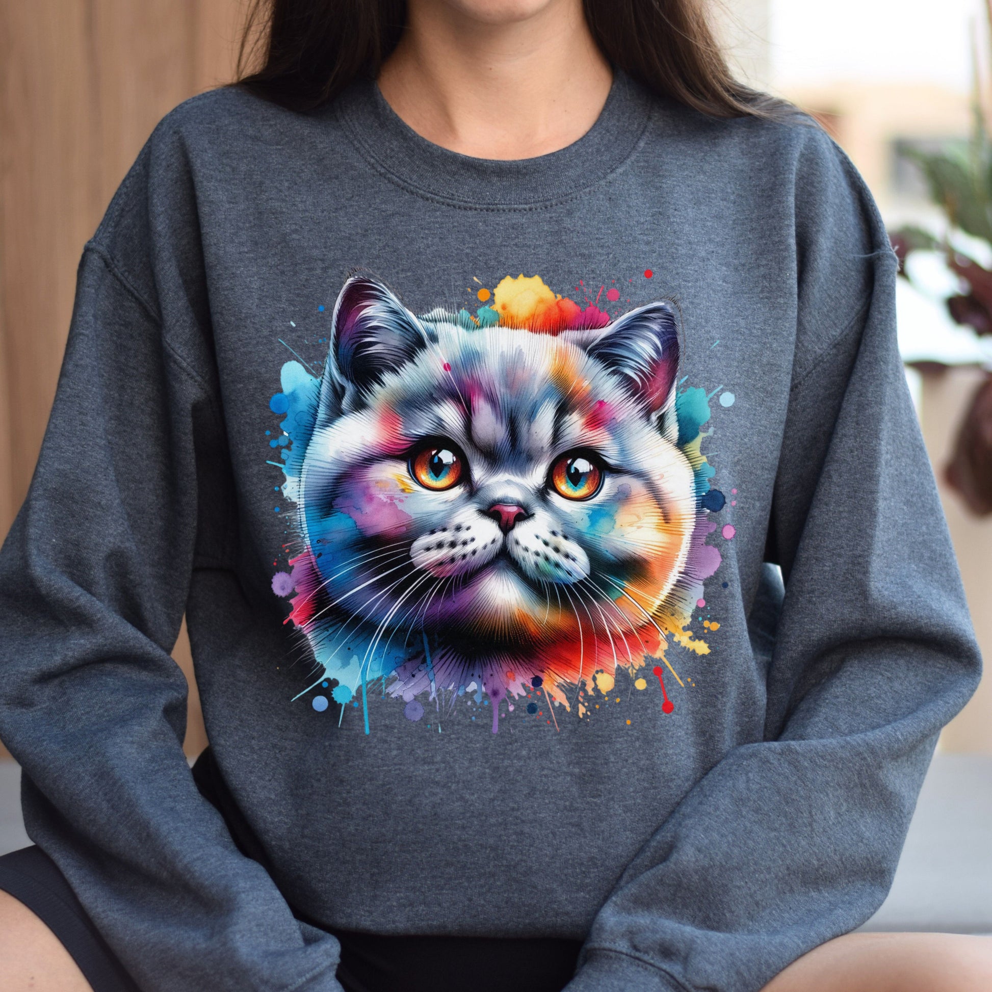 British shorthair Cat Color Splash Unisex Sweatshirt Black Navy Dark Heather-Dark Heather-Family-Gift-Planet