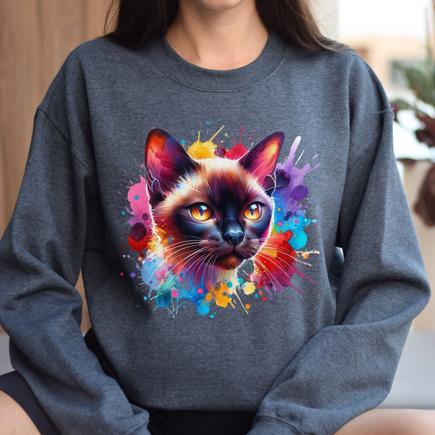 Burmese Cat Color Splash Unisex Sweatshirt Black Navy Dark Heather-Dark Heather-Family-Gift-Planet