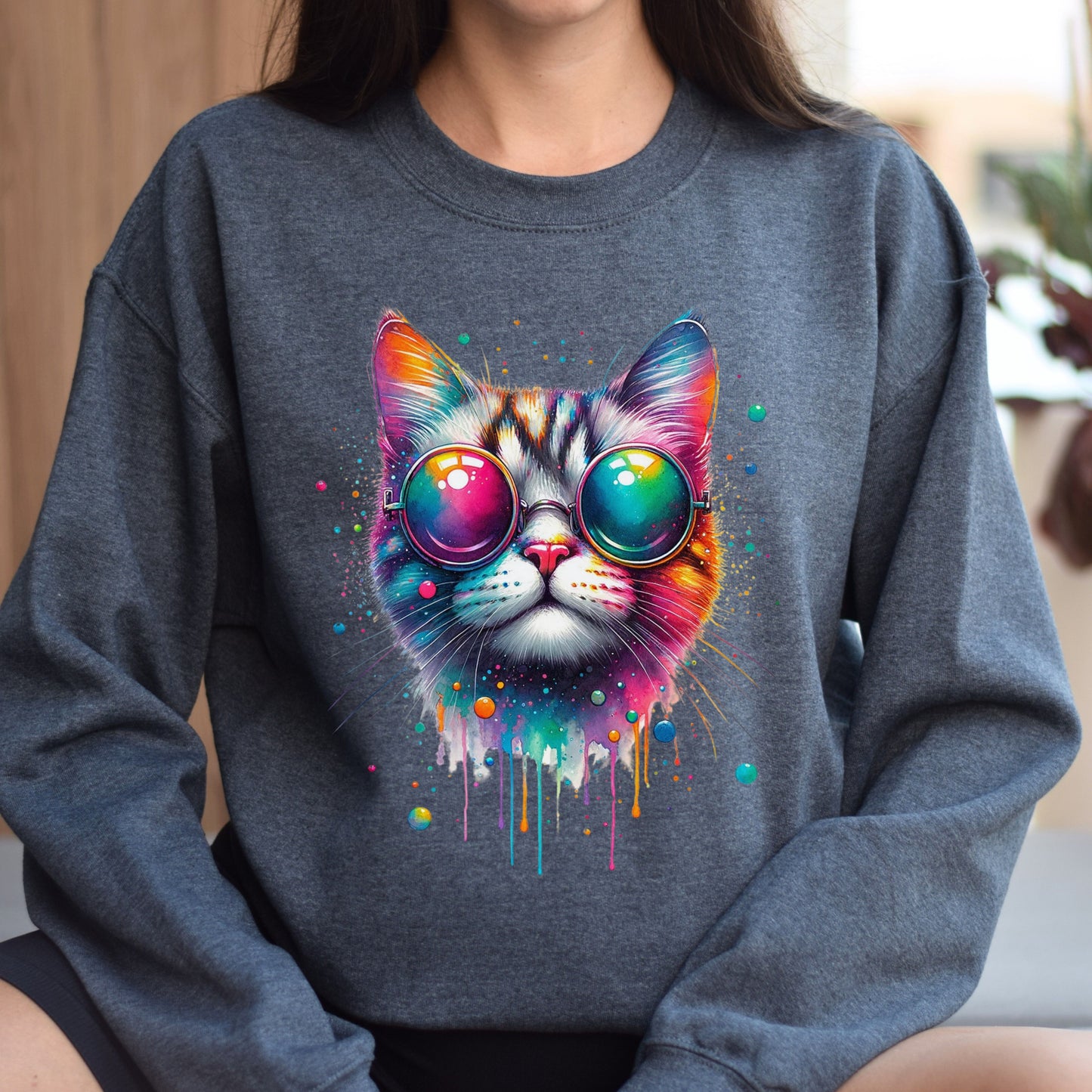 Cat with colorful eyeglasses Color Splash Unisex Sweatshirt-Dark Heather-Family-Gift-Planet